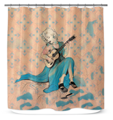 Vibrant Hibiscus Harmony Shower Curtain in a well-lit bathroom.